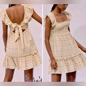 SAYLOR Alruna Smocked Ruffle Textured Tan Gingham Dot Backless Mini Dress w Bow